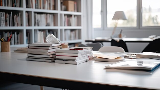 A stack of books on a desk with a book shelf in the background.