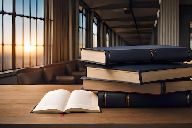 A stack of books on a desk with a book on the top.