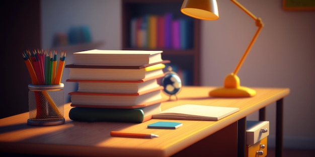 A stack of books on a desk with a lamp and a book on it