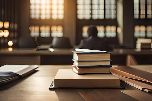 Photo a stack of books on a desk with a laptop on the table