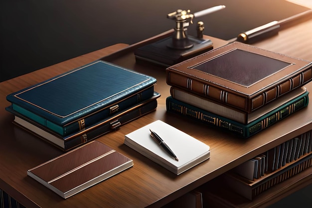 A stack of books on a desk with a pen on top of it.