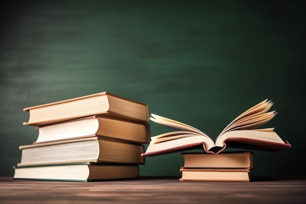 A stack of books on a desk with the word library on the top