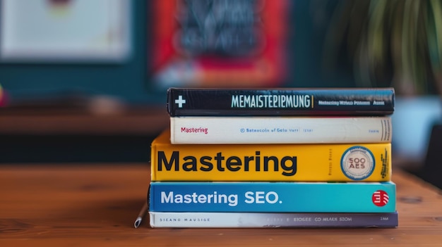 Photo a stack of books on digital marketing with one book prominently featuring the title mastering seo