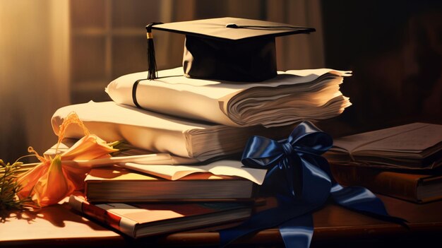 Photo stack of books and diploma on table