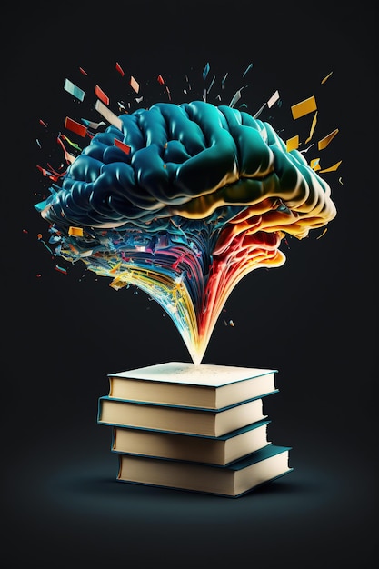 Stack of books fantastic levitation glowing brain and colorful splash