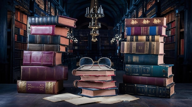 Stack of books and glasses in library