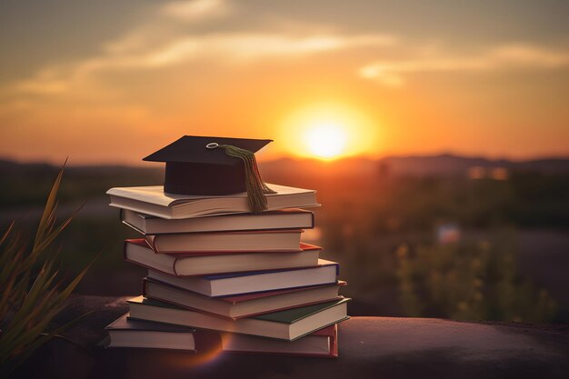 Photo a stack of books and graduation cap on the roof with the sunset in the background neural network generated in may 2023 not based on any actual scene or pattern