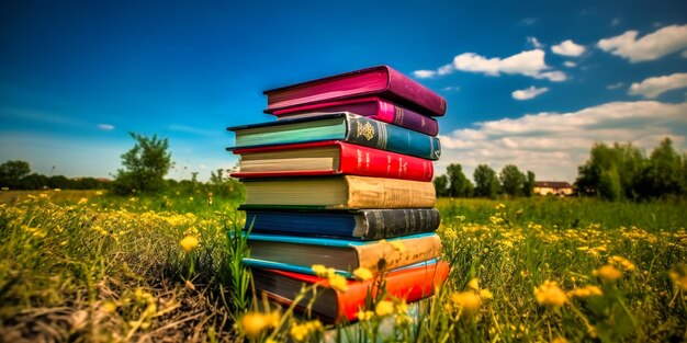 A stack of books on the grass with a blue sky above