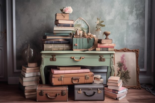 A stack of books on a green suitcases with a green trunk and a green suitcase.