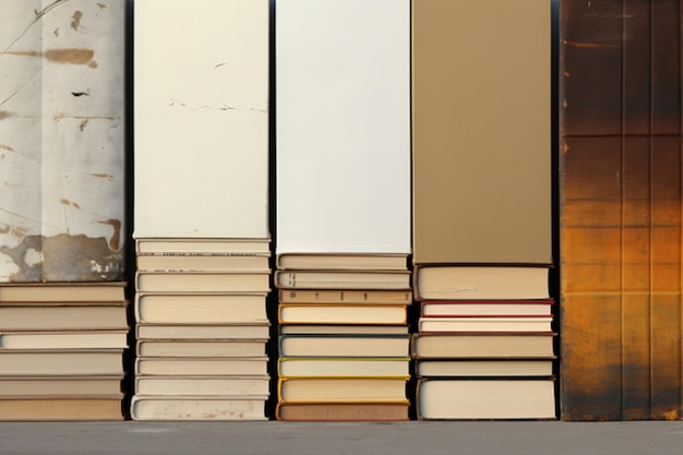 stack of books on the ground in front of a wall of bookshelf