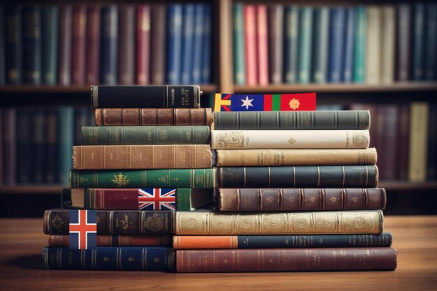 a stack of books including the british flag.