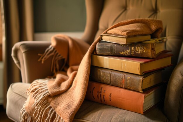 Photo a stack of books is piled on top of a chair