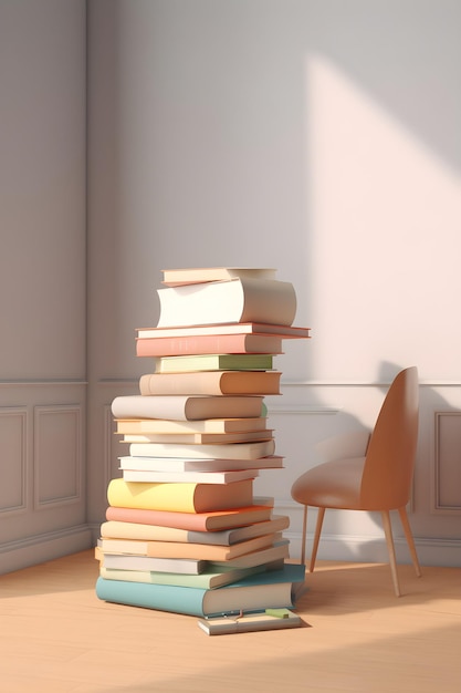 A stack of books is in a room with a chair