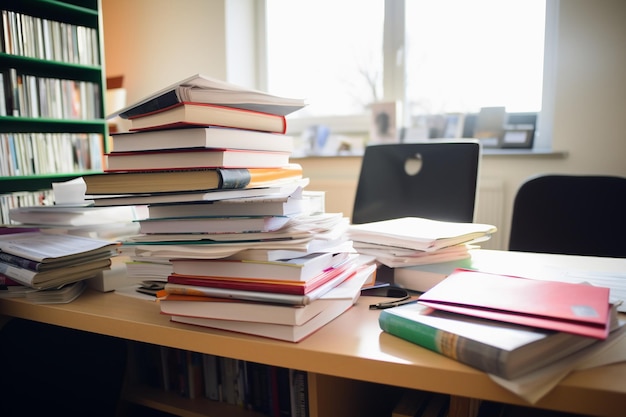 図書館の監督者の机の上にある本のスタック 教育と学習の概念