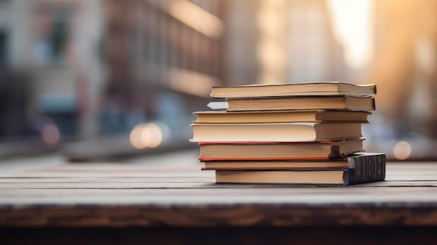 Stack of books in library on wooden table