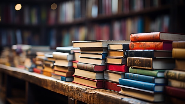 stack of books in library