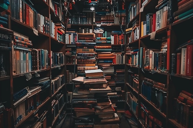 Foto una pila di libri in biblioteca