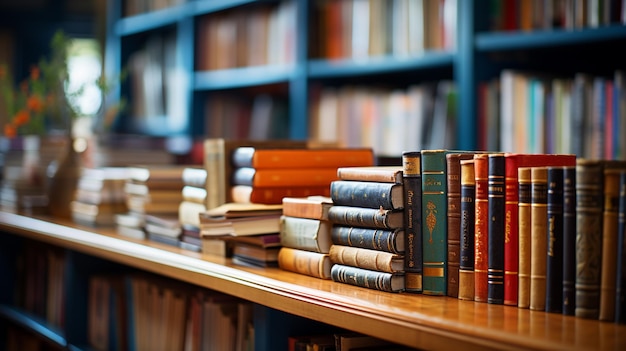 stack of books in a library