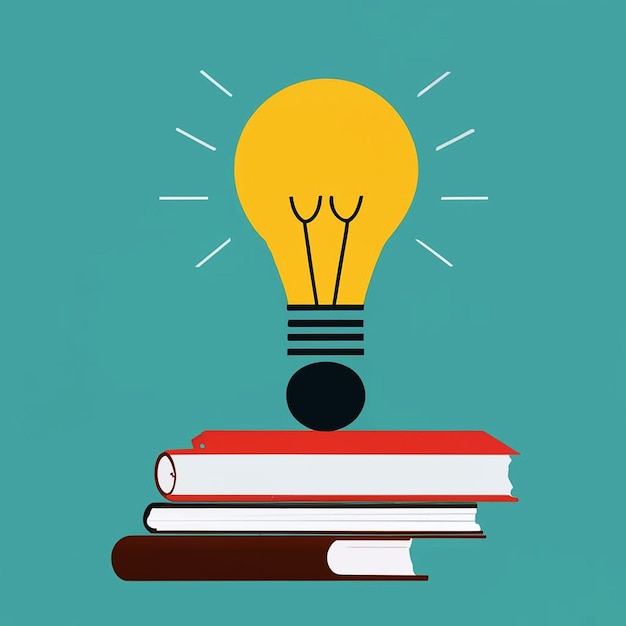 stack of books and lightbulb flat render icon