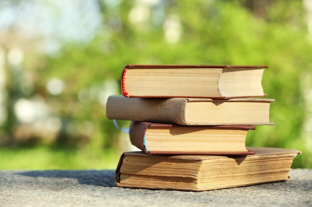 Stack of books outdoors on blurred background
