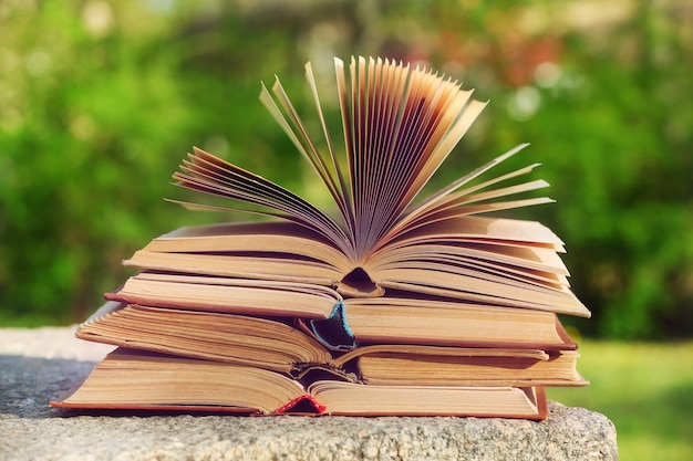 Stack of books outdoors on blurred background