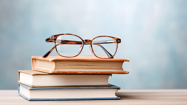 A stack of books and a pair of glasses blurred background