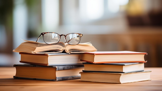 A stack of books and a pair of glasses Blurred background