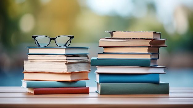 A stack of books and a pair of glasses Blurred background