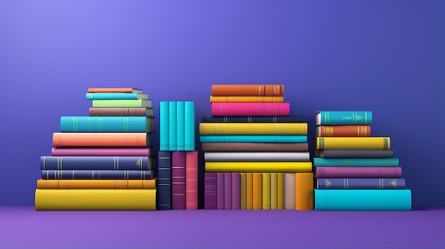 stack of books and paper on purple background 3d render