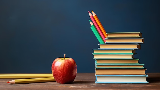 Stack of books and pencils on school table Generative ai