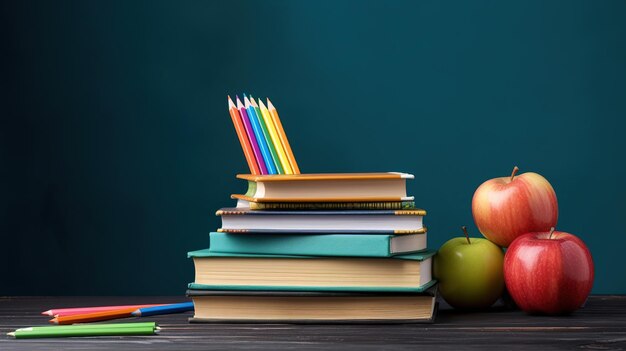 Stack of books and pencils on school table Generative ai