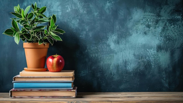 A stack of books and a potted plant are placed on a wooden table against a blackboard