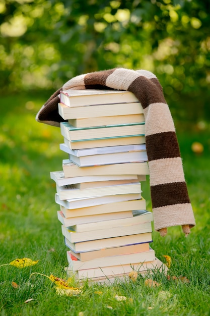 Stack of books and a scarf on the green grass in autumn