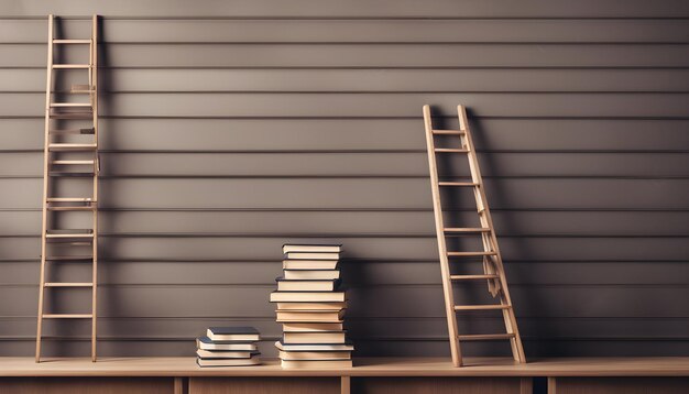 a stack of books on a shelf with a ladder on the wall