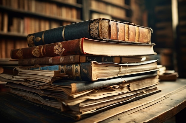 A stack of books sitting neatly on a wooden table ready to be picked up and explored stack of old books and document files and archives AI Generated