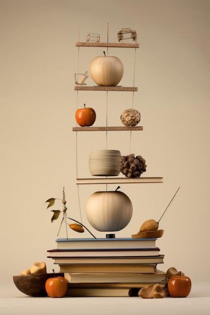 A stack of books sitting on top of a table Digital image Surreal still life