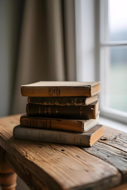 Photo a stack of books sitting on top of a wooden table