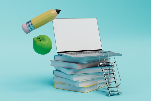 Стопка книг и лестница, ведущая к открытому ноутбуку, яблоку и карандашу на синем фоне 3D рендеринг