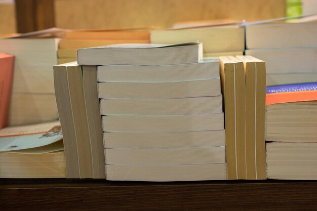 Photo stack of books stored as education and business concept