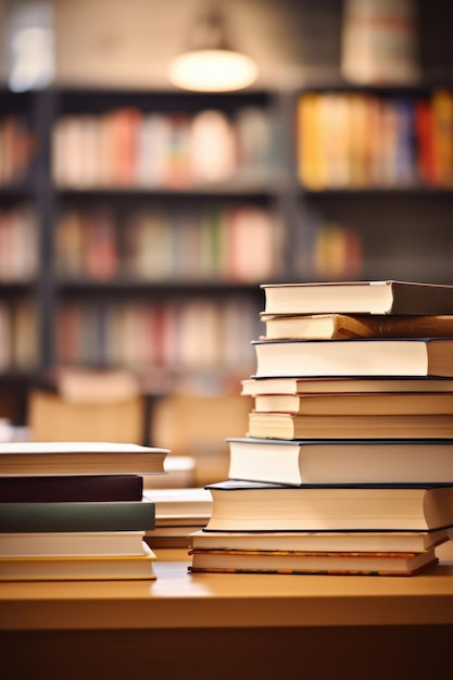 Stack of books on table against library background with bookshelves Knowledge and education concept