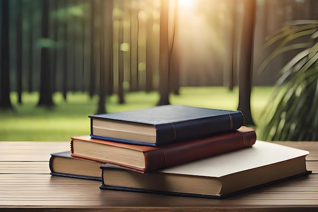 A stack of books on a table in a forest