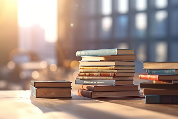 A stack of books on a table in a library