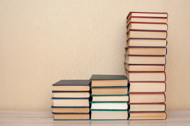 Stack of books on the table on a neutral background