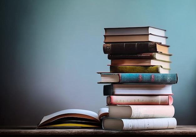 Stack of books on table next to an open book Generative AI