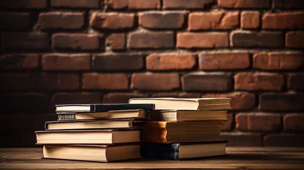 A stack of books on a table with a brick wall behind them.