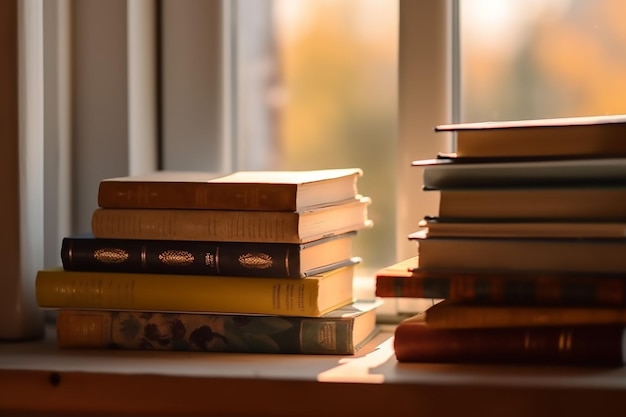 Stack of books on a table with the sun shining through the window