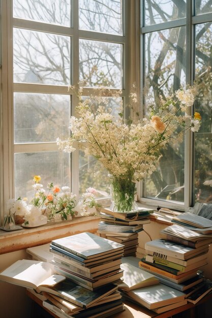 A stack of books on a table with a vase of flowers on it.