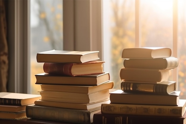 Stack of books on a table with the window behind them