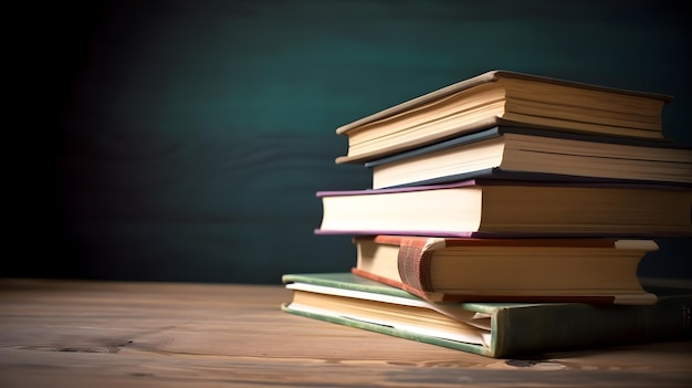 A stack of books on a table with the word library on the top.