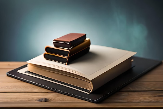 A stack of books on top of a wooden table